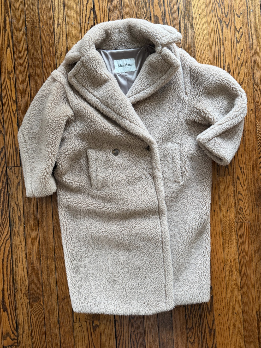 Max Mara Teddy Bear Icon Coat Alpaca Wool Silk Sand Beige Size S